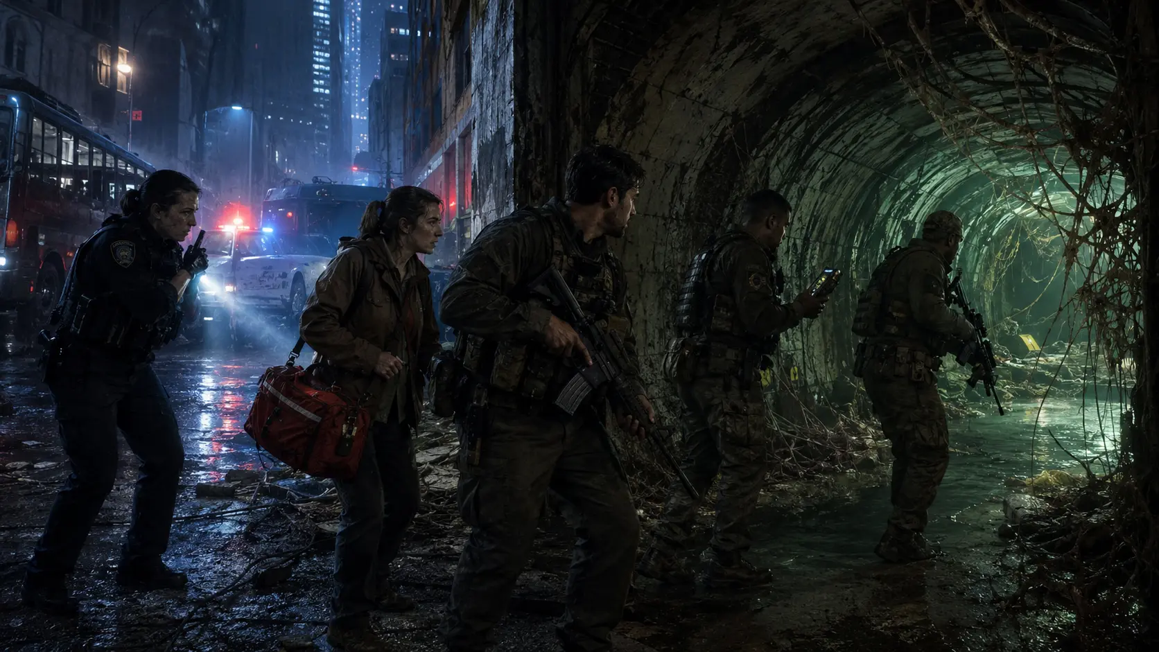 Police, civilian, and military responders moving from a ruined city into a contaminated subway tunnel