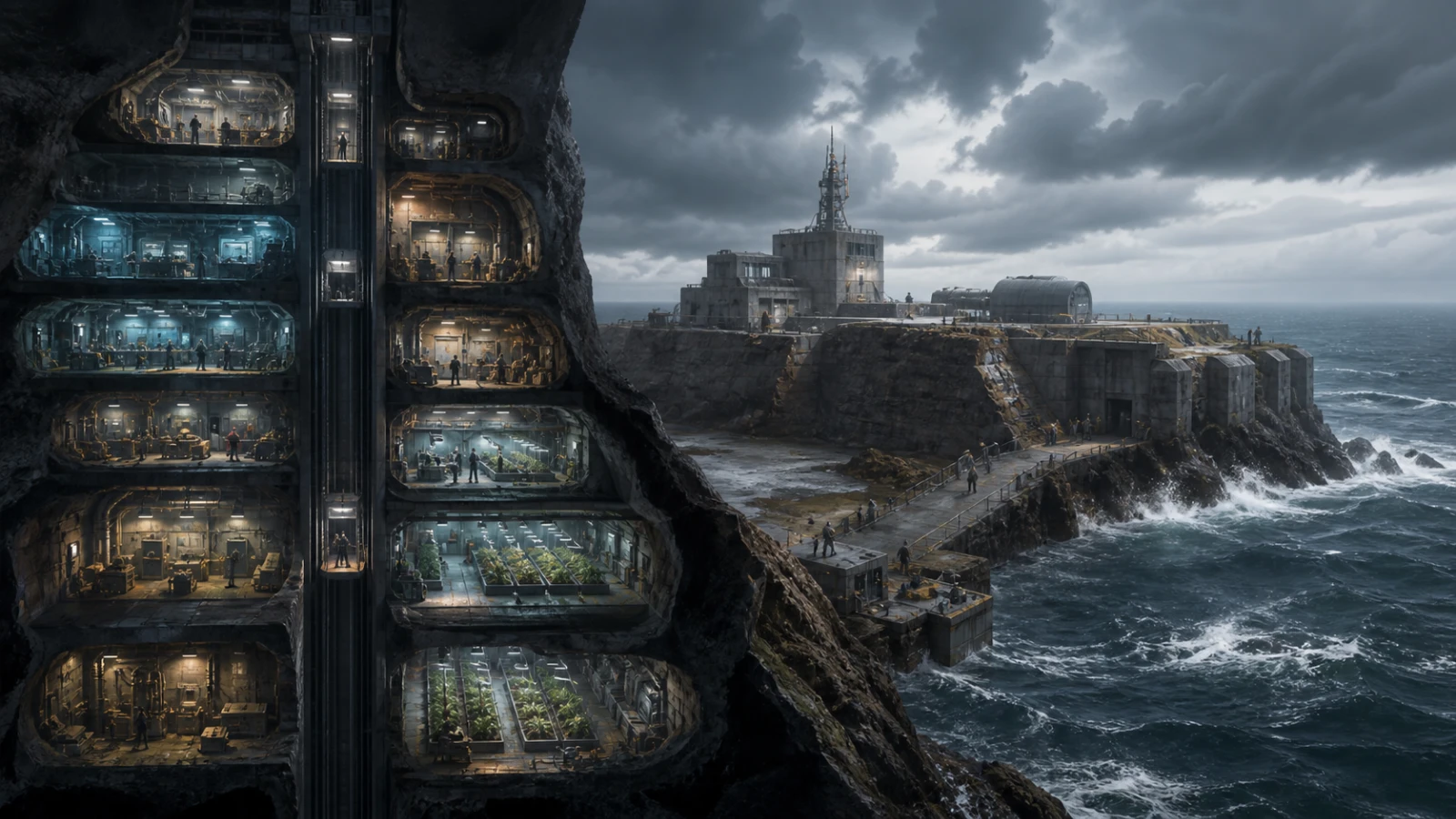A generic underground habitat is contrasted with a fortified coastal outpost under stormy skies