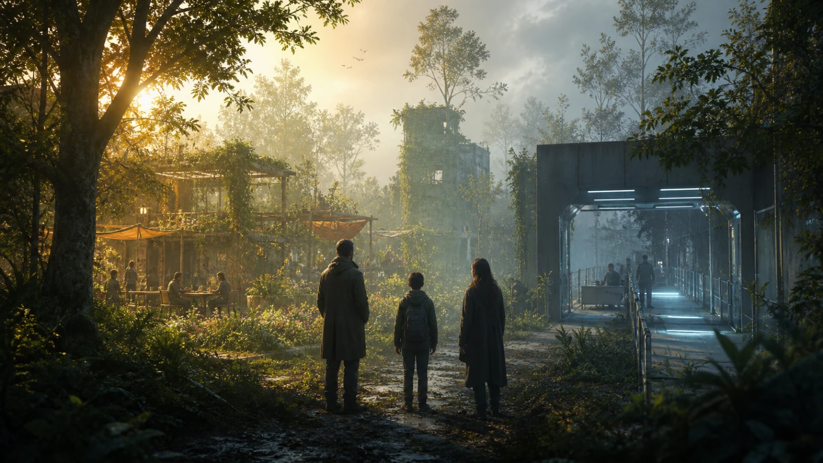 Three anonymous survivors consider a recovering garden community and a clinical quarantine checkpoint