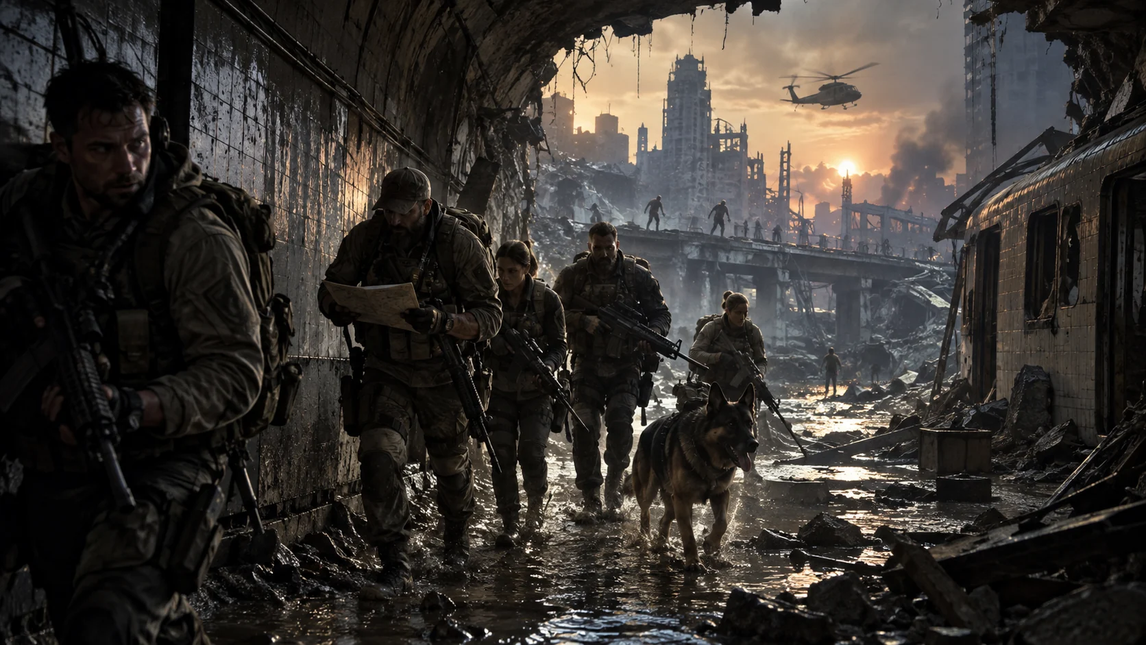 Original photorealistic special-operations team moving through a ruined city during a high-risk Team Ghost-style mission.