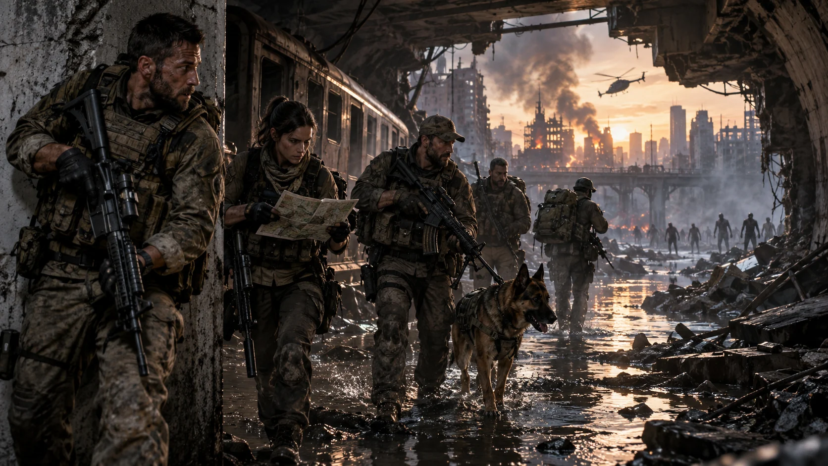 Original photorealistic special-operations team moving through a ruined war zone during a Team Ghost-style mission.