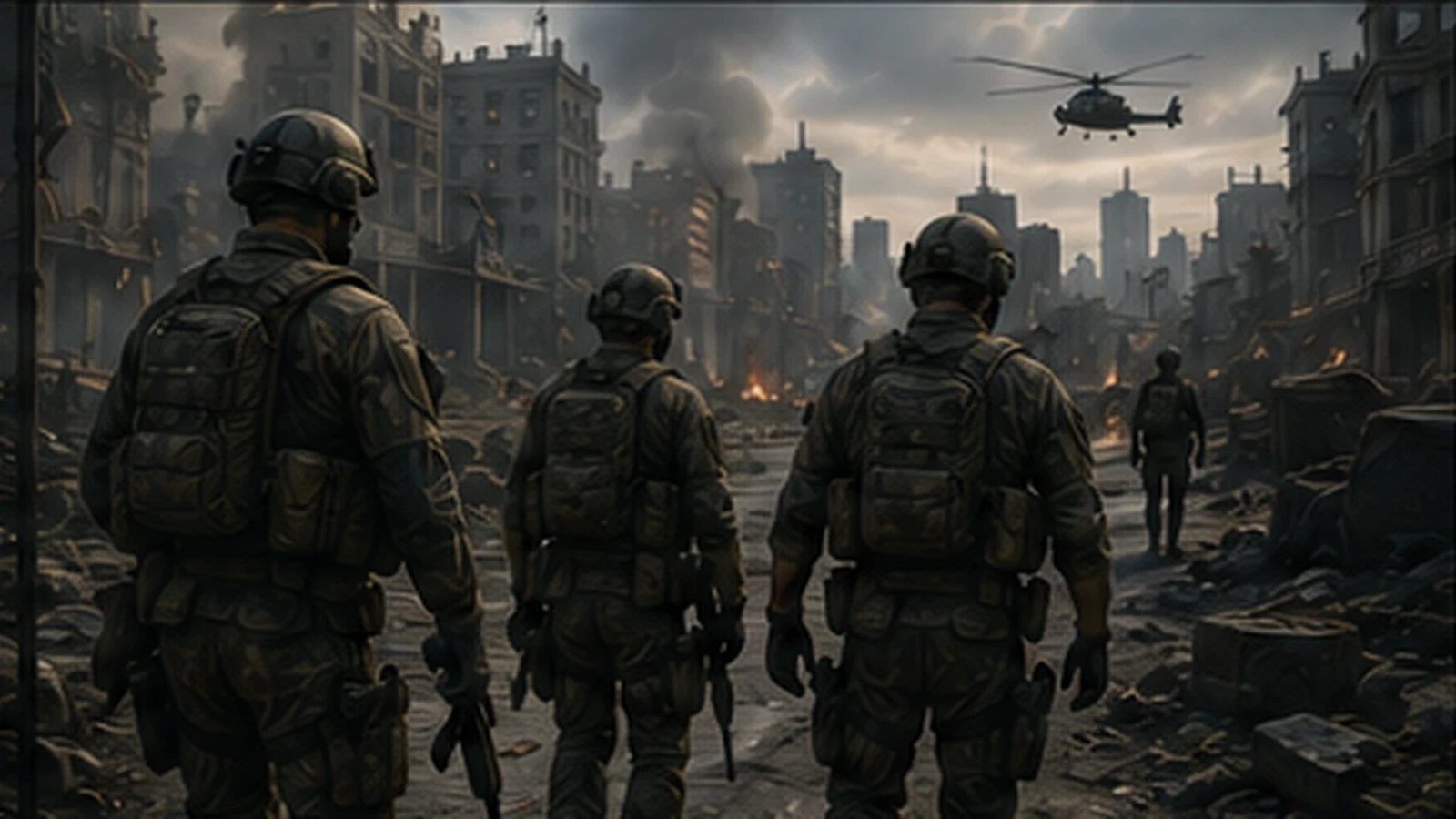 A generic special-operations team advances through a devastated urban corridor during the Variant war