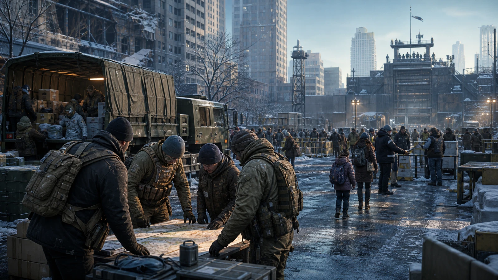 Generic emergency responders coordinate relief and civilian movement through a damaged winter city