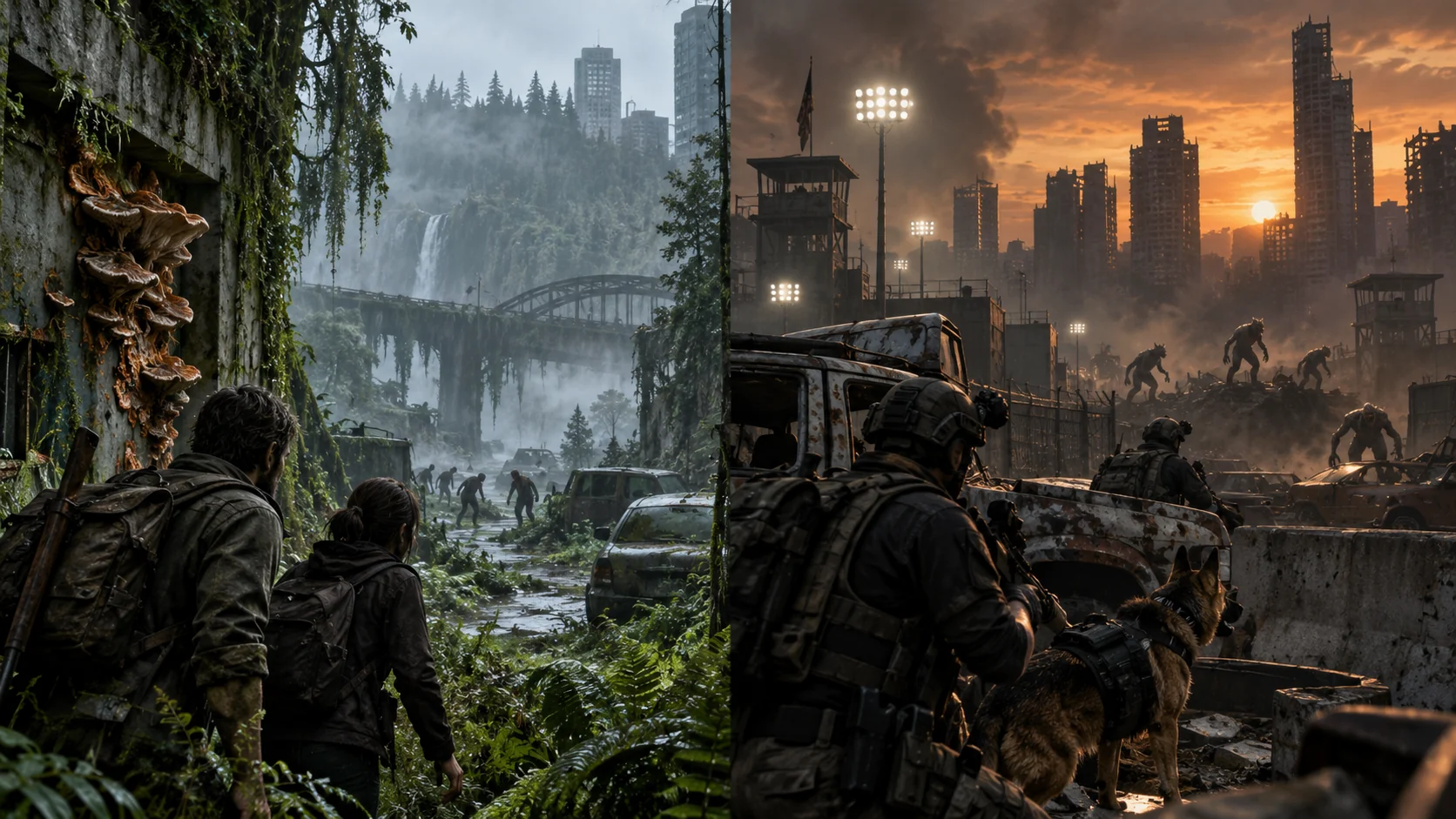 Original photorealistic split-scene comparison of a fungal outbreak environment and a military Variant outbreak environment.