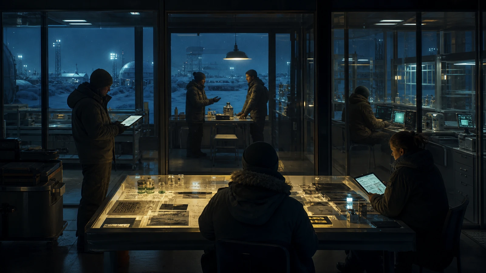 Adults in separate glass-walled rooms compare evidence inside an isolated polar operations base