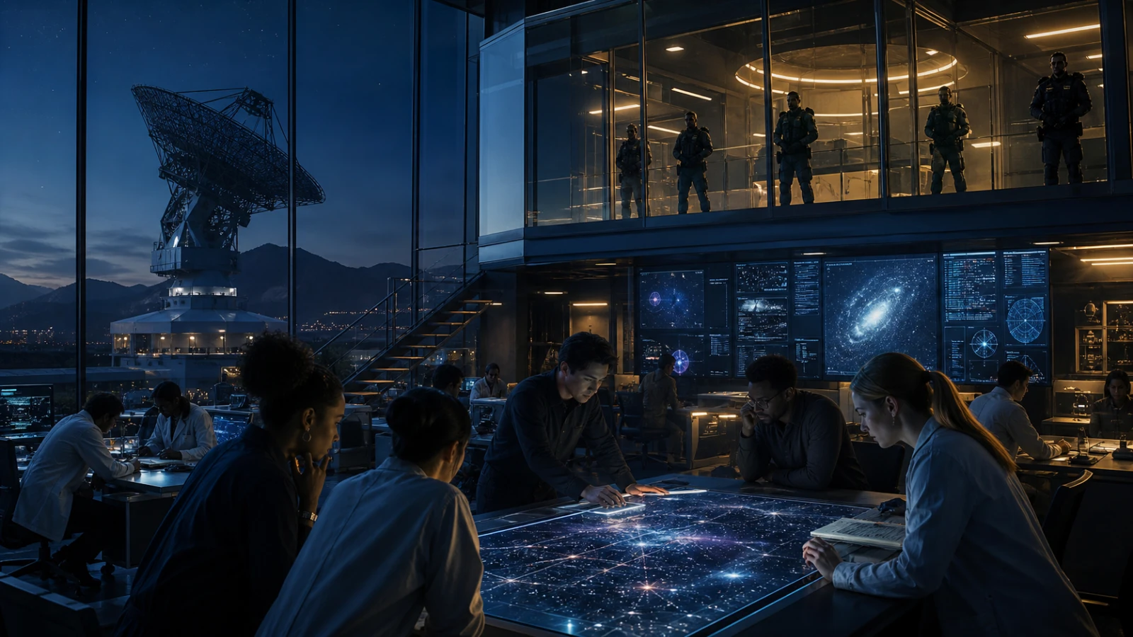 Civilian researchers study a star map in an observatory while a separate security command level watches behind glass