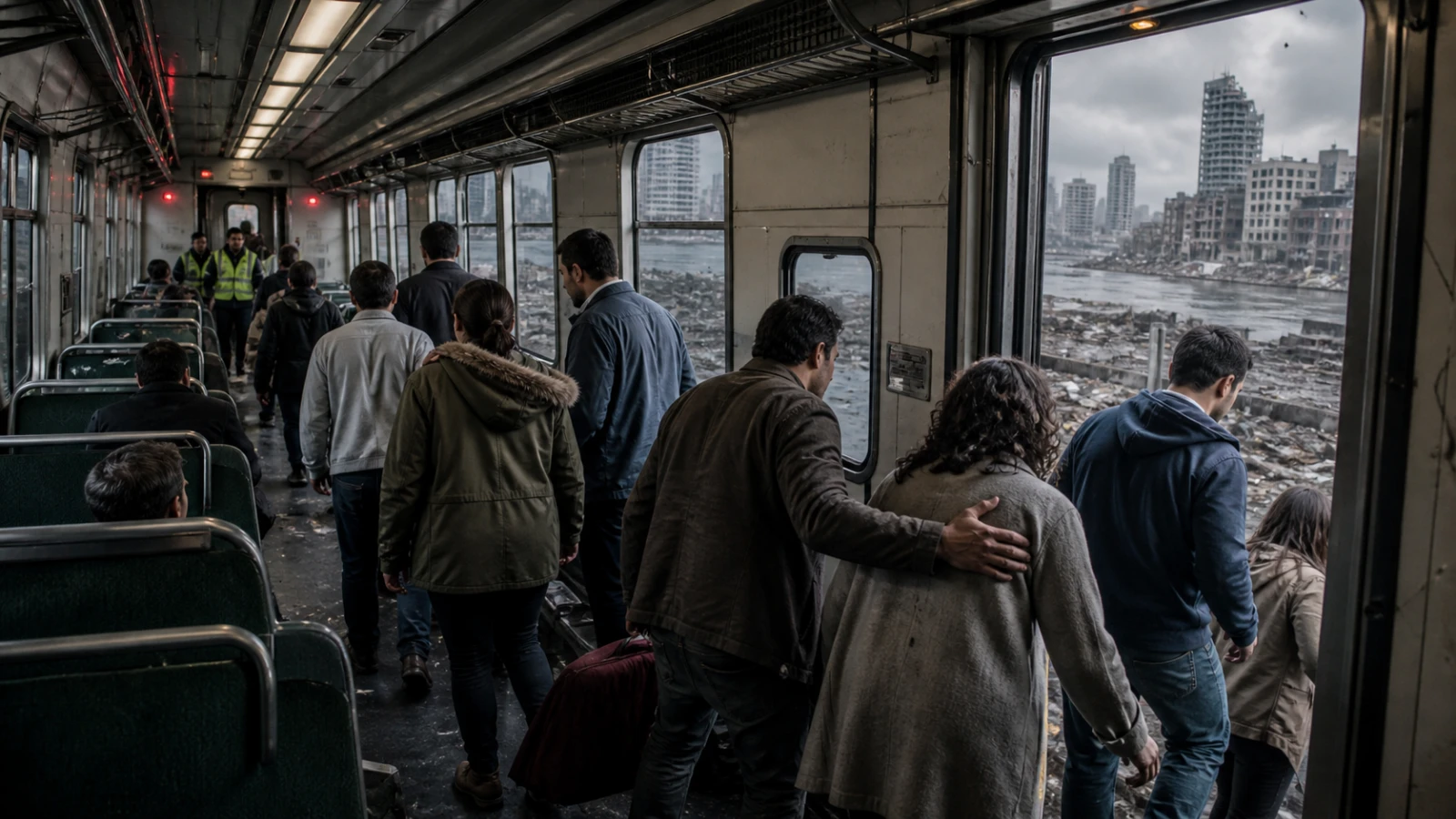 Anonymous adult passengers help one another leave a stopped train while emergency workers guide the evacuation