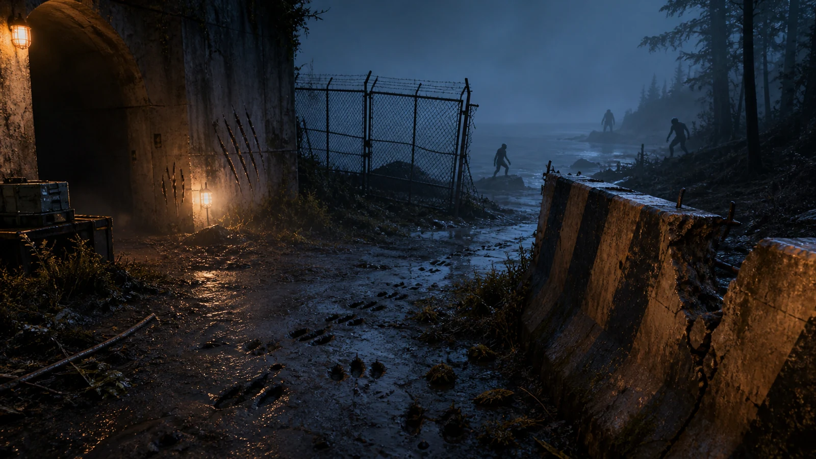 An abandoned coastal outpost with different tracks, claw marks, and distant predatory silhouettes suggesting an adapting threat