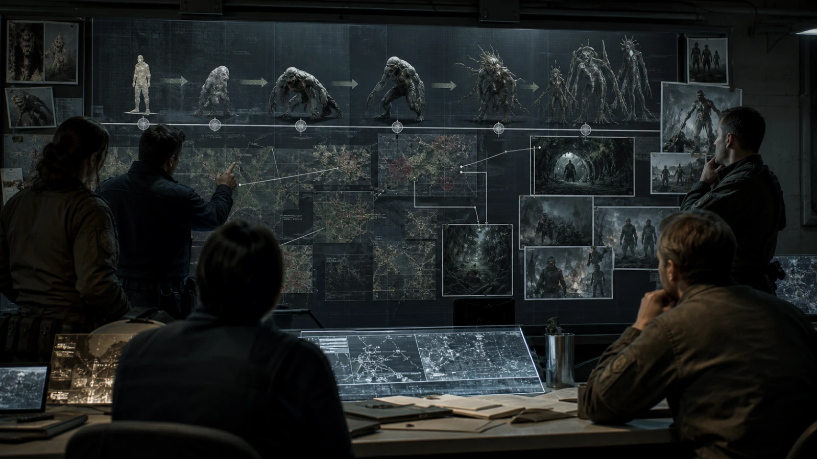 An original field team studies a chronological threat board showing changing predators, terrain, networks, and hierarchy