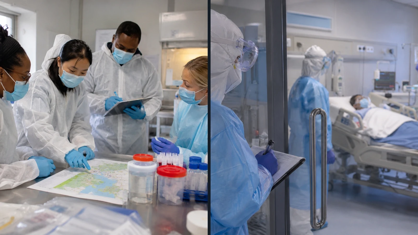 Unofficial split editorial image contrasting laboratory researchers with a protected hospital isolation environment