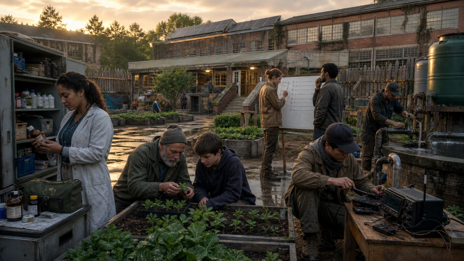 Original civilian survivor archetypes maintain a clinic, gardens, water system, logistics board and radio inside a fortified reconstruction settlement