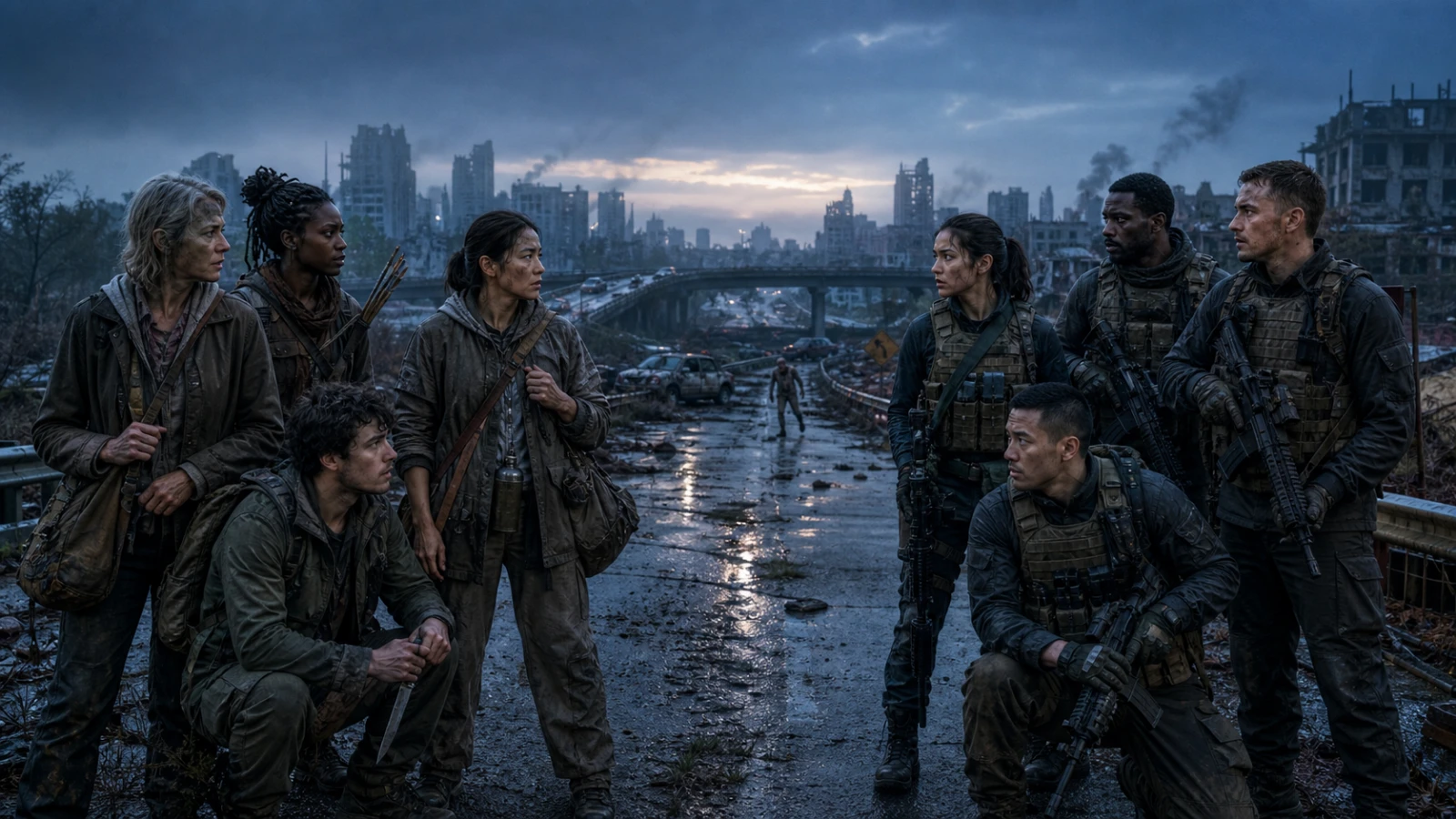 Two groups of original civilian and tactical survivor archetypes face each other on a ruined highway while a fast infected figure approaches in the distance