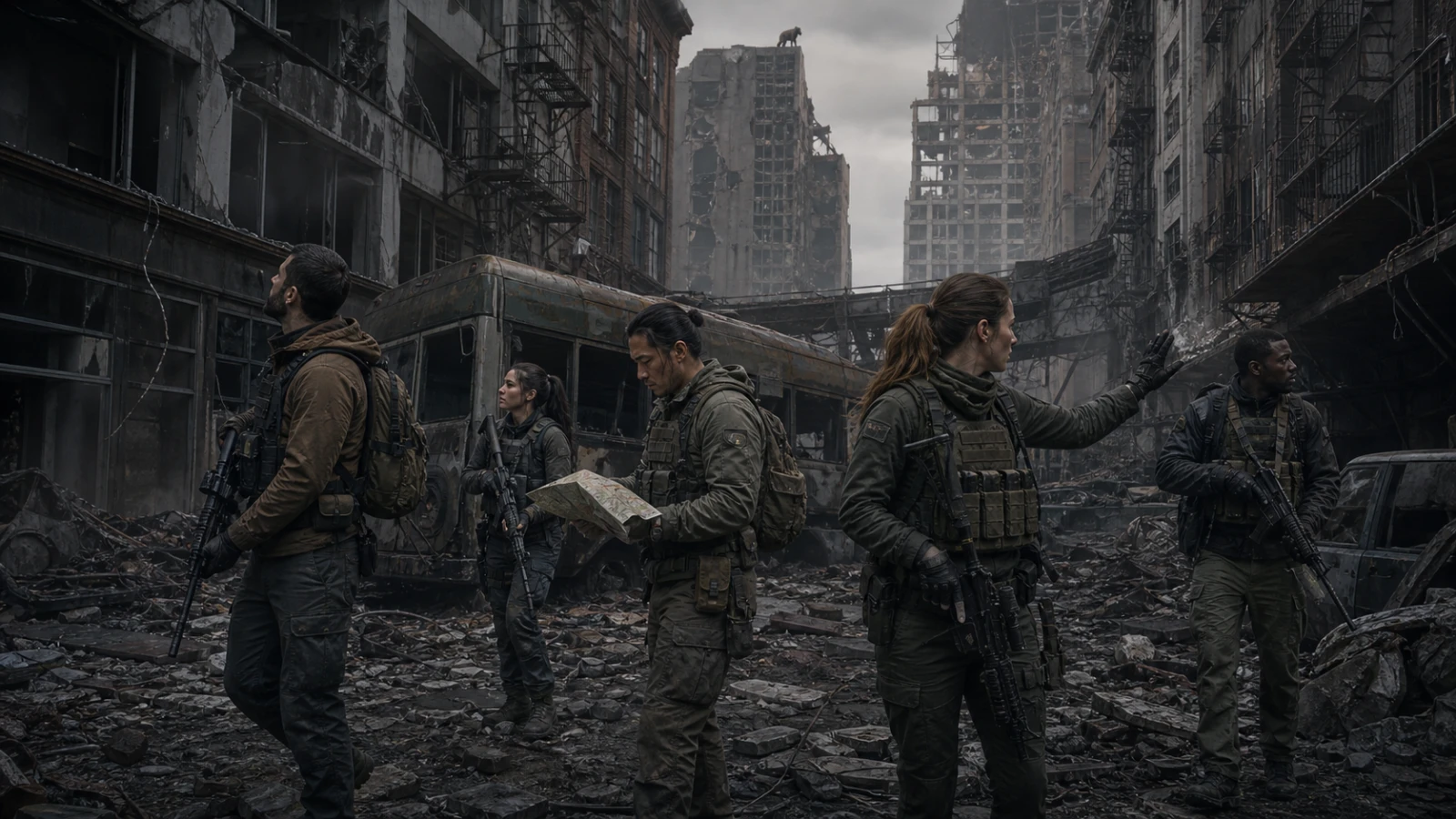 An original five-person special-operations team covers rooftops and streets while moving through a ruined city