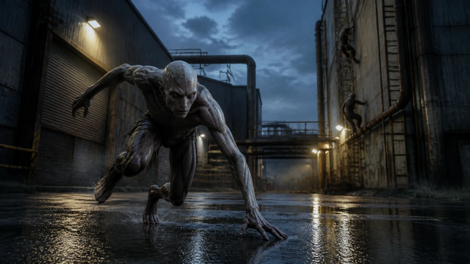 An original fast pale Variant-like predator sprints through a rain-soaked industrial yard while two others climb the distant structure