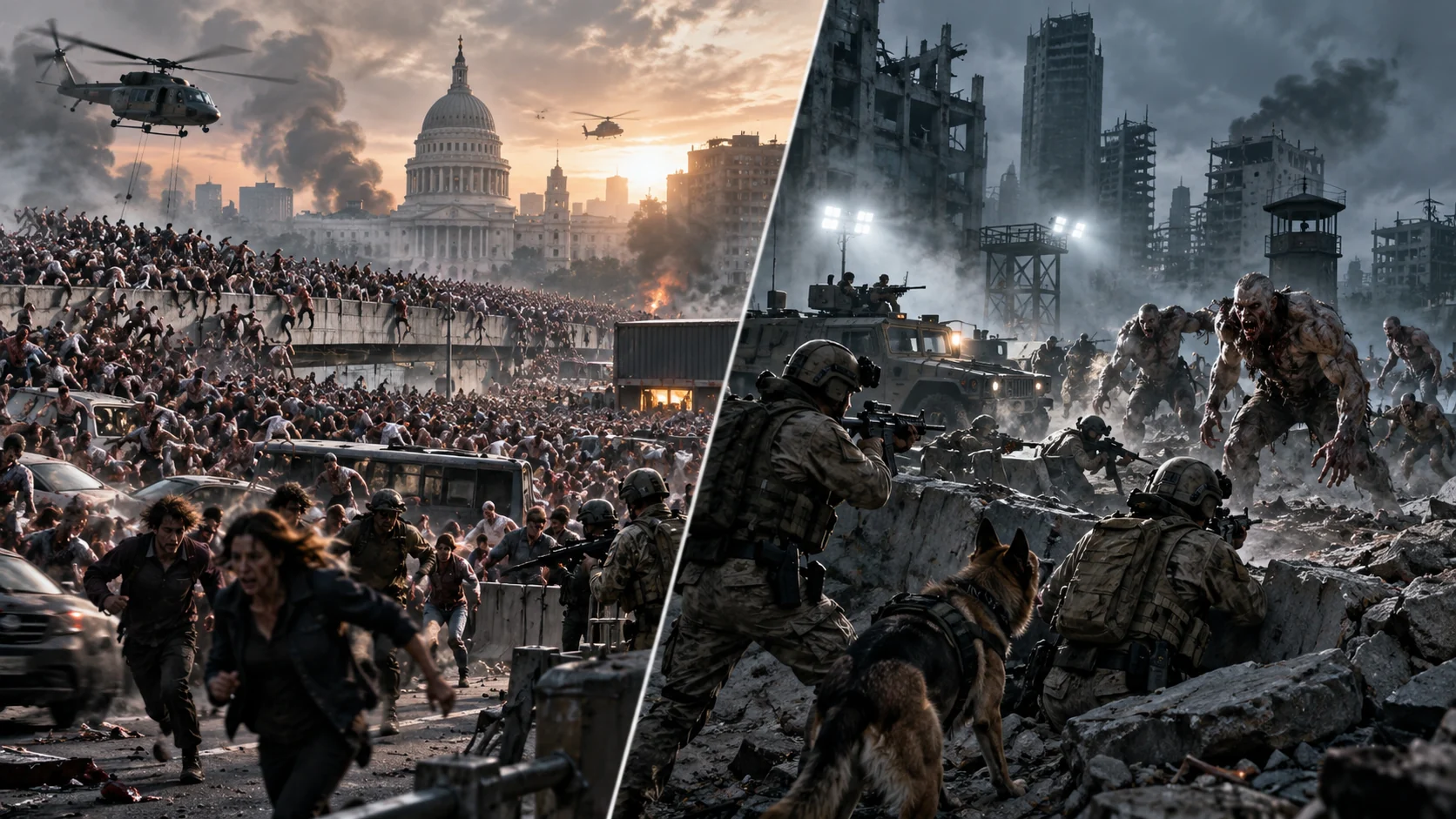 Original photorealistic urban battle scene comparing mass infected swarms with agile Variant-style predators.