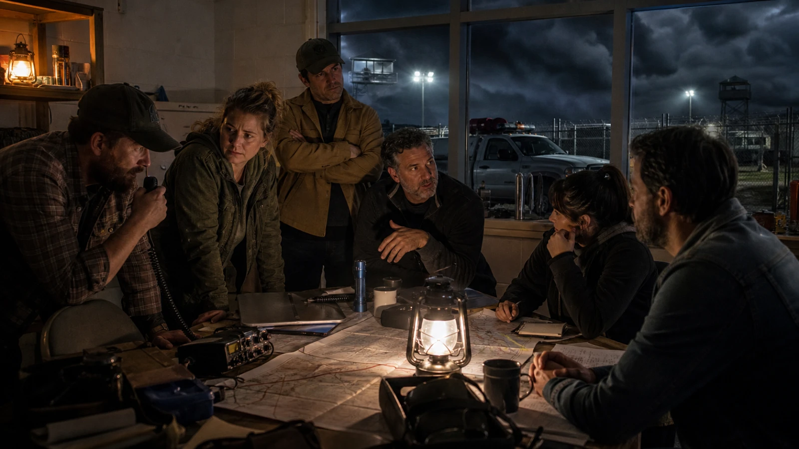 Adult volunteers coordinate radios and maps inside a fortified small-town emergency post at night