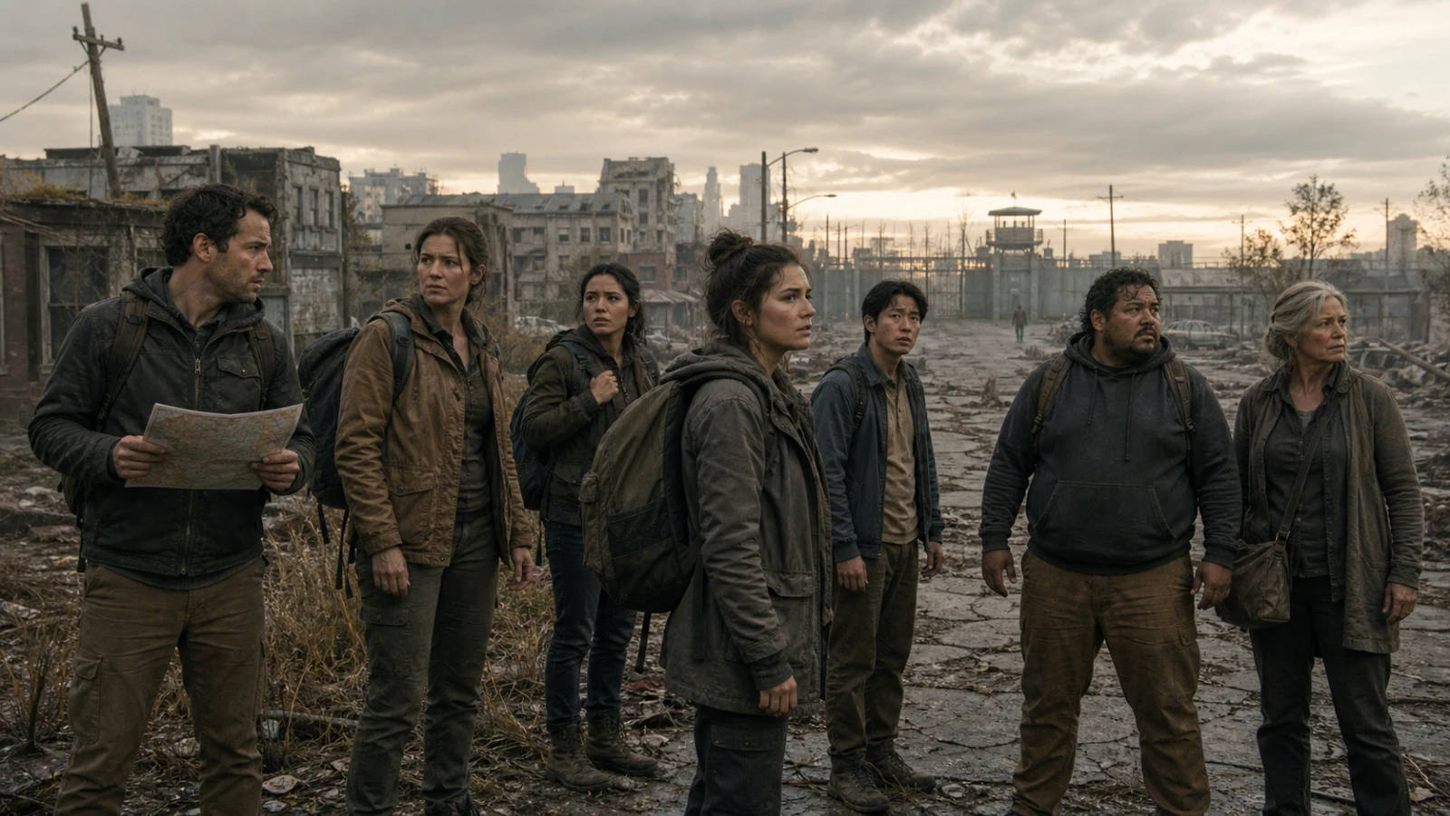 Seven original generic civilian survivors defend a damaged checkpoint as fast infected approach