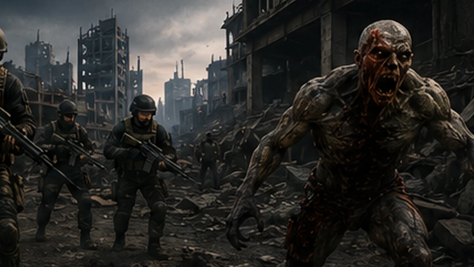 A generic fast infected creature emerges inside a dark ruined industrial structure