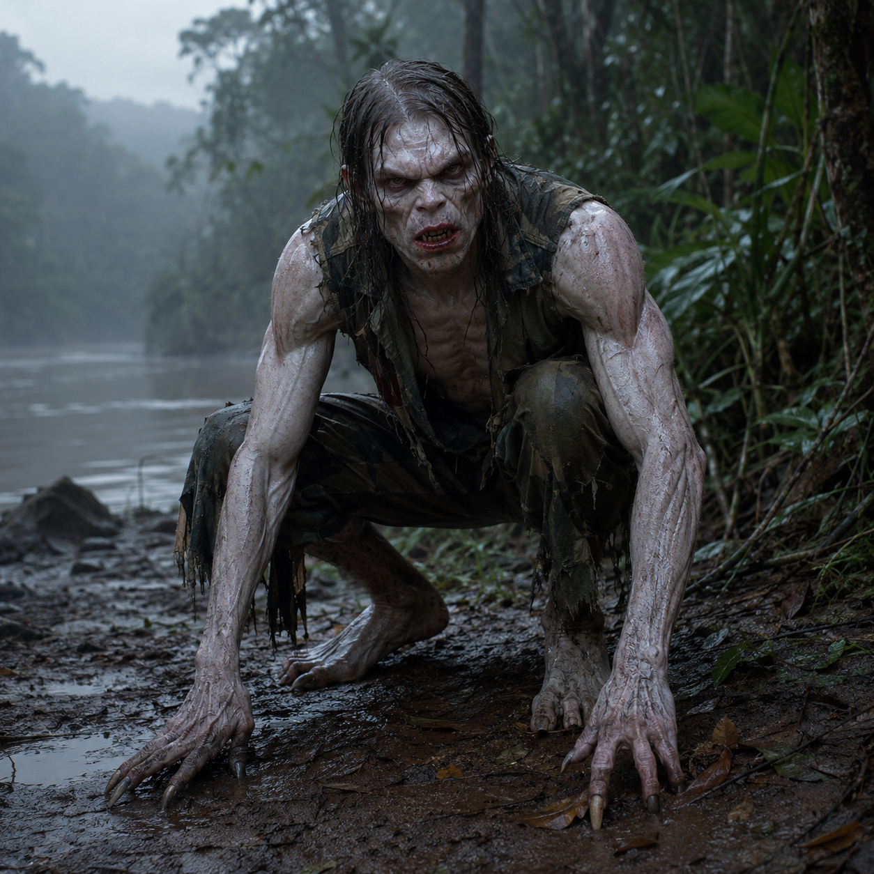 Unofficial interpretive rendering of Trevor Brett after VX-99 transforms him into the White Ghost, crouched beside a rain-soaked jungle river