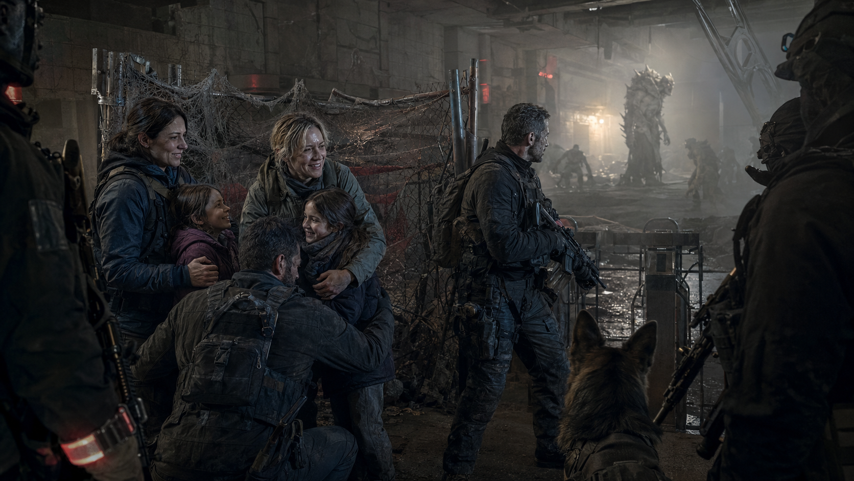 A rescue team freeing captives while the Bone Collector threat looms inside a ruined compound