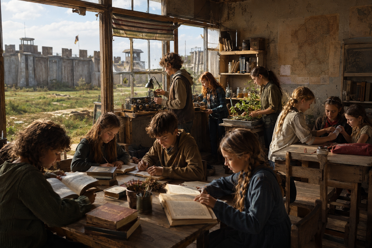 Children learning and rebuilding together inside a post-war Extinction Cycle settlement