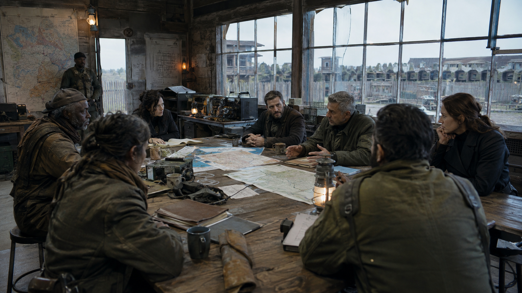 Allied States leaders debating maps and policy inside a post-war command center