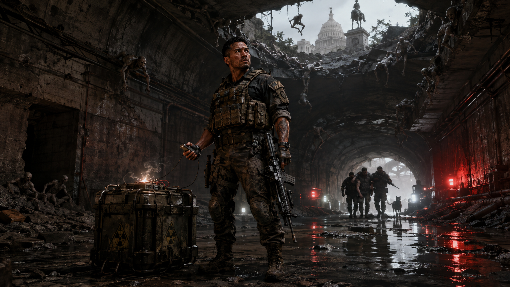Garcia standing beside a fictional dirty-bomb device in tunnels beneath Washington during the final sacrifice