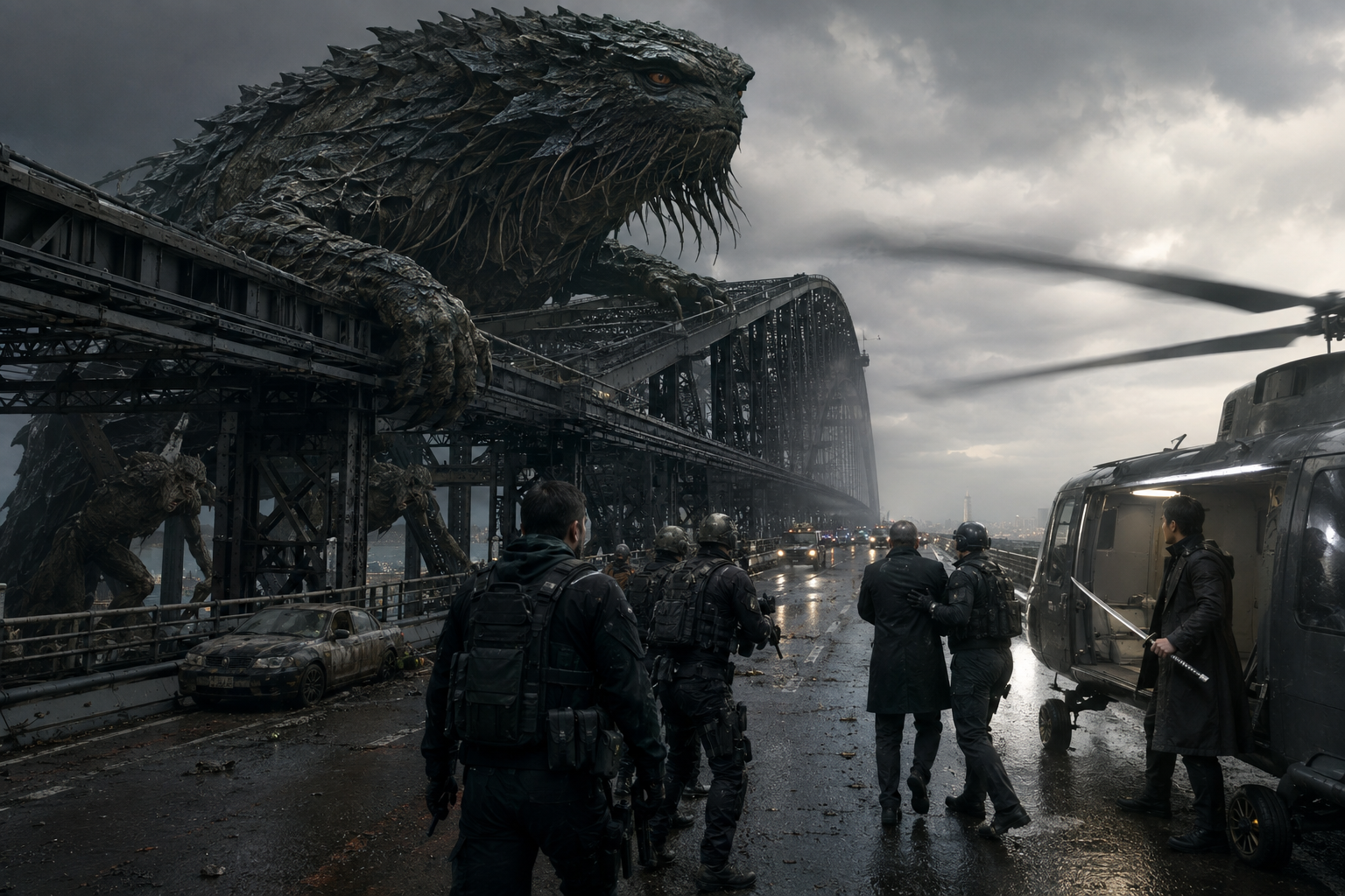 Military survivors approaching a web-covered bridge during the Extinction Bridge mission