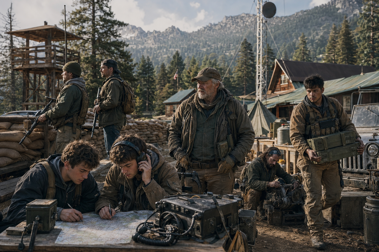 Extinction Survival supporting characters coordinating radios, maps, supplies, and defenses at a mountain settlement
