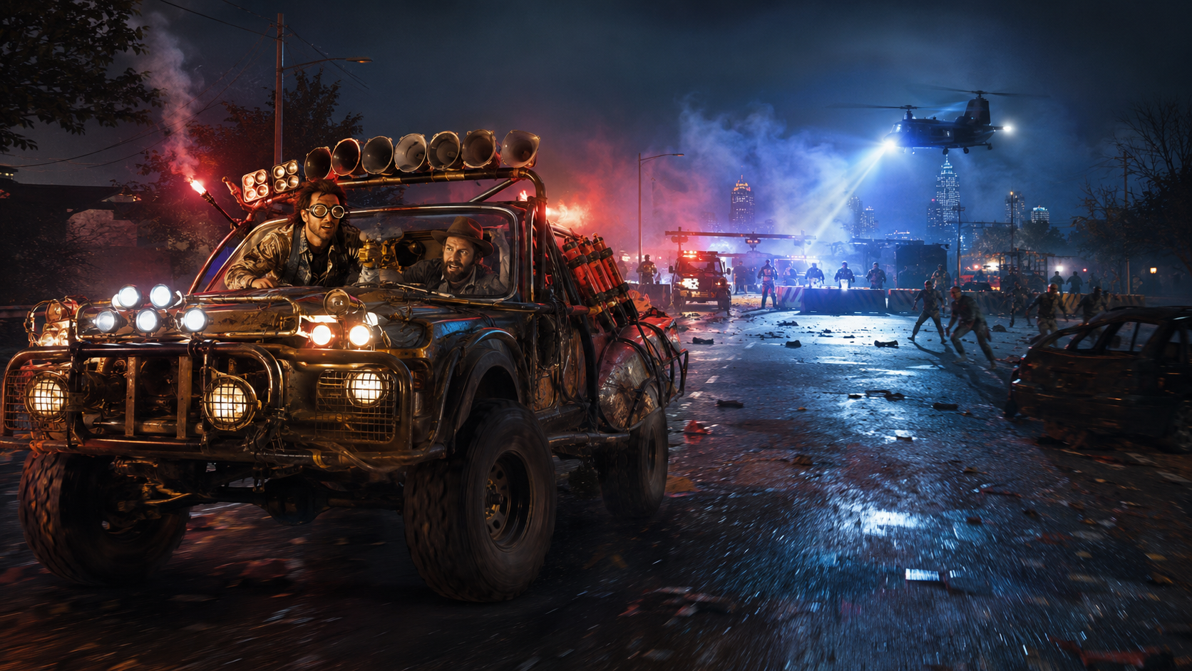 Armed off-road vehicle racing through a chaotic nighttime city during Extinction Trippin