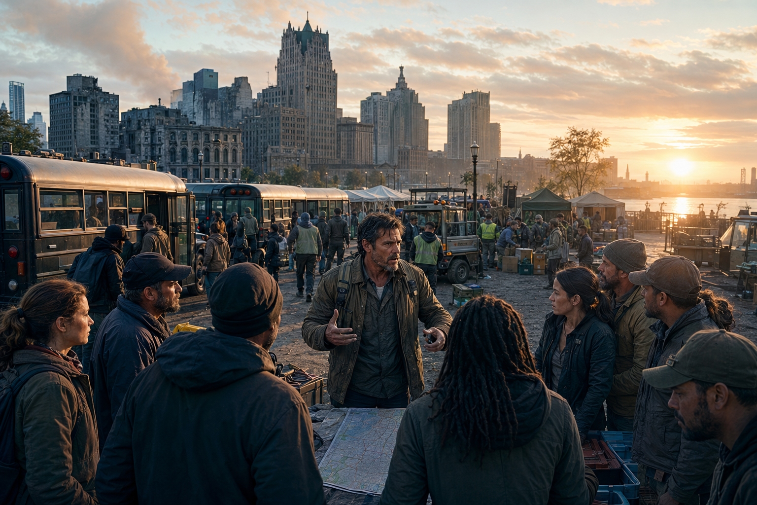 Survivors gathering in a recovering city at sunrise in From the Ashes