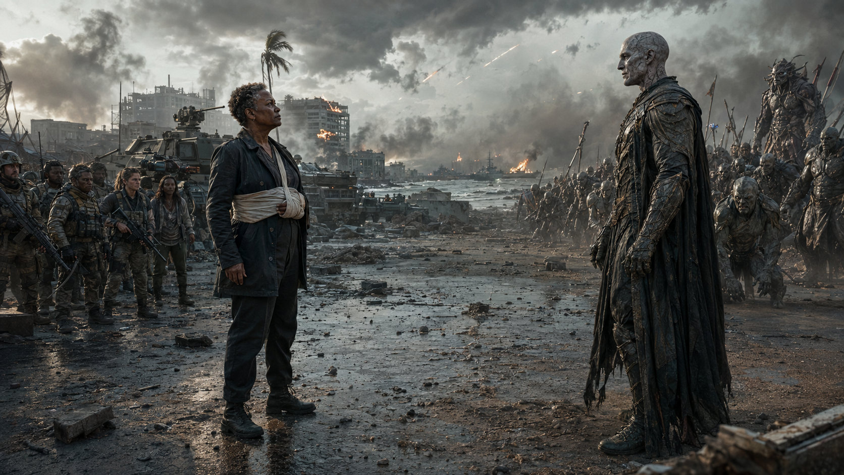 President Ringgold facing Azrael across the Galveston battlefield as human and Variant forces wait behind them