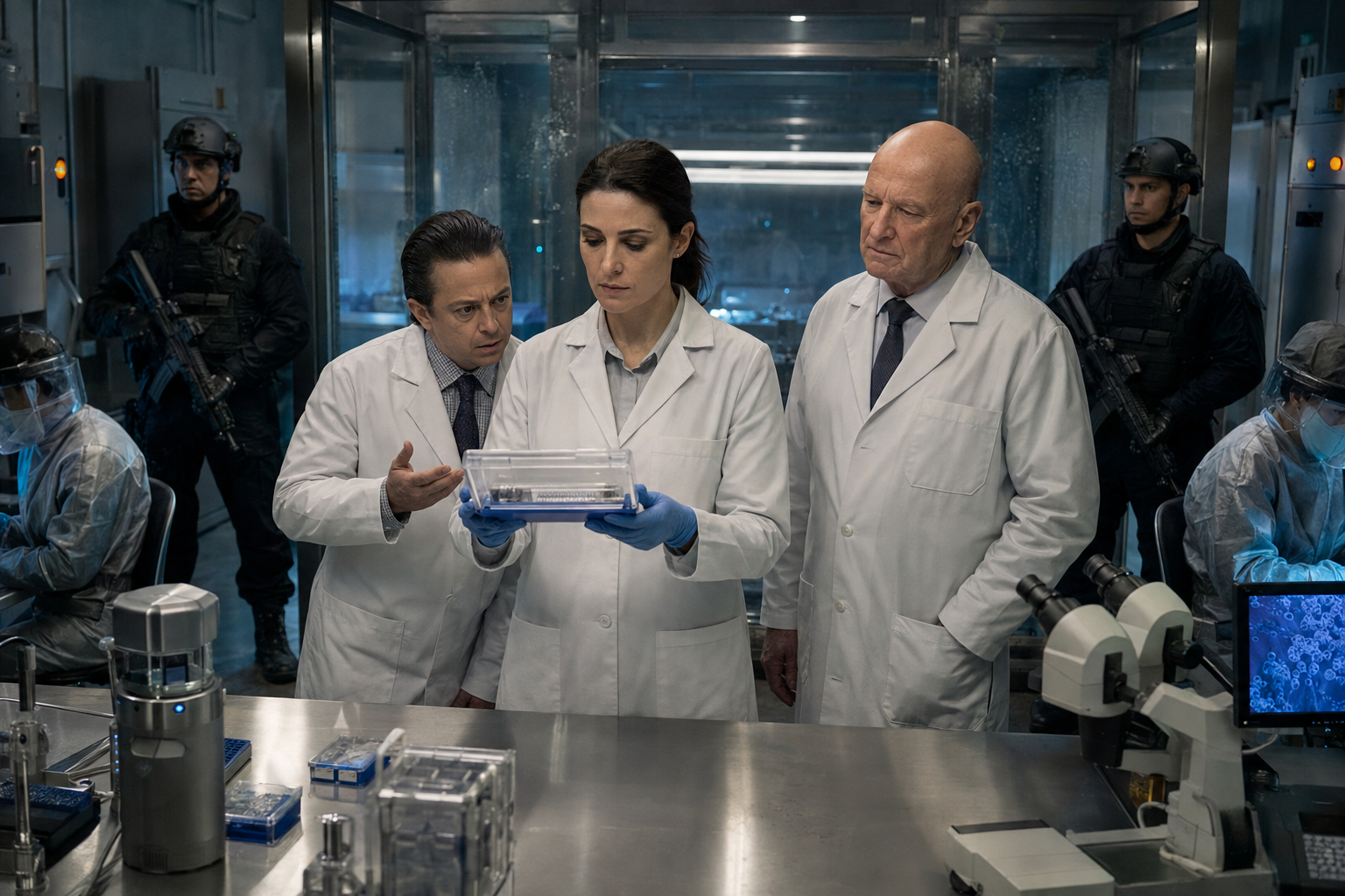 Medical Corps researchers examining a sealed specimen inside a guarded laboratory