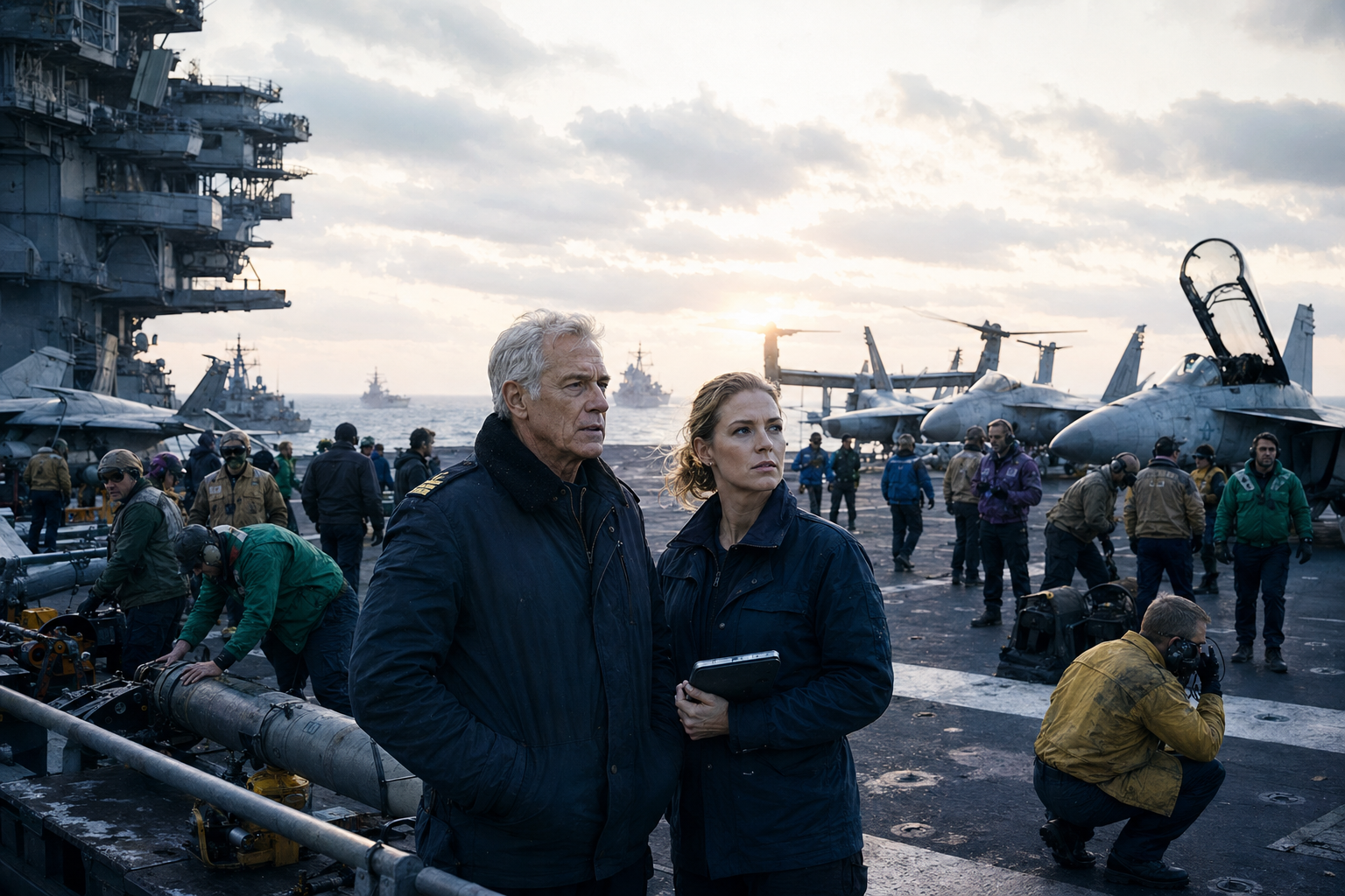 Navy survivors coordinating operations on a crowded aircraft-carrier flight deck