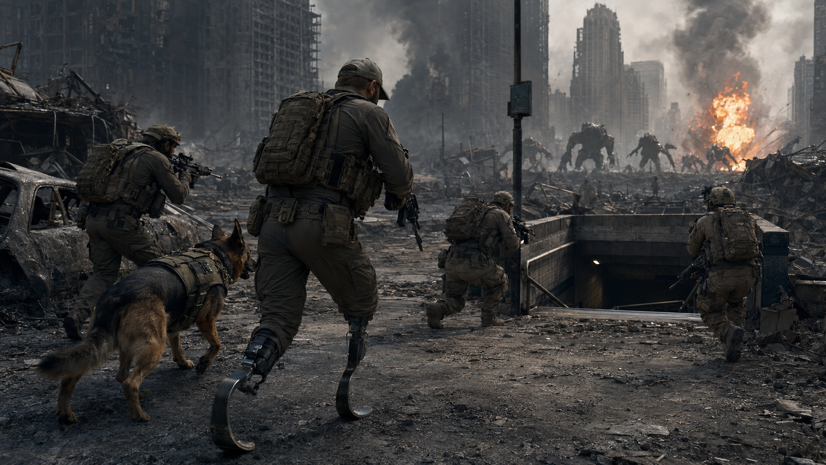 A military capture team and working dog approaching juvenile Variants during Operation Condor