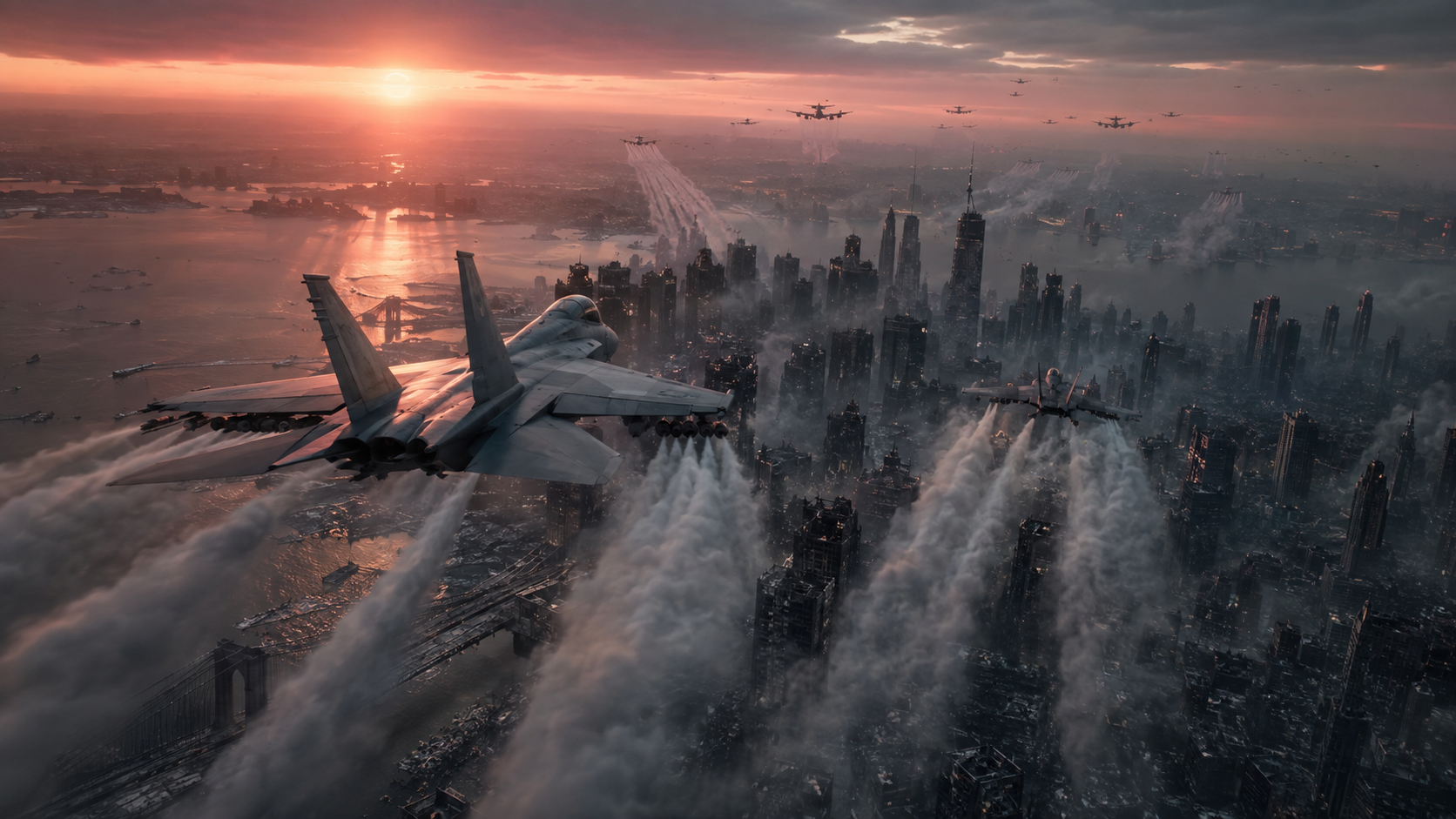 Fictional airstrike formation dispersing a bioweapon countermeasure over a devastated city during Operation Depletion