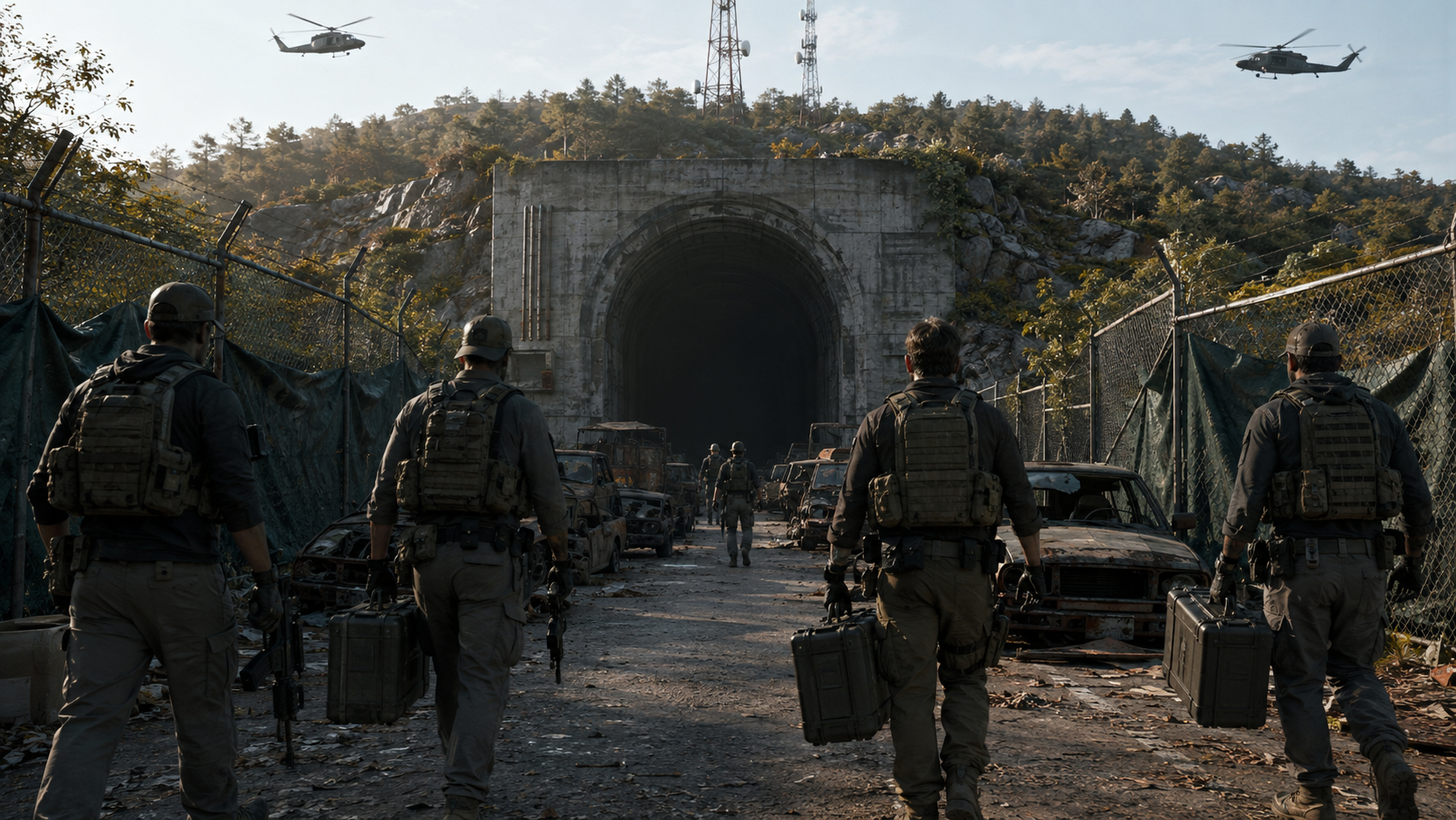An armed retrieval team carrying sealed cases toward the Raven Rock bunker during Operation Extinction