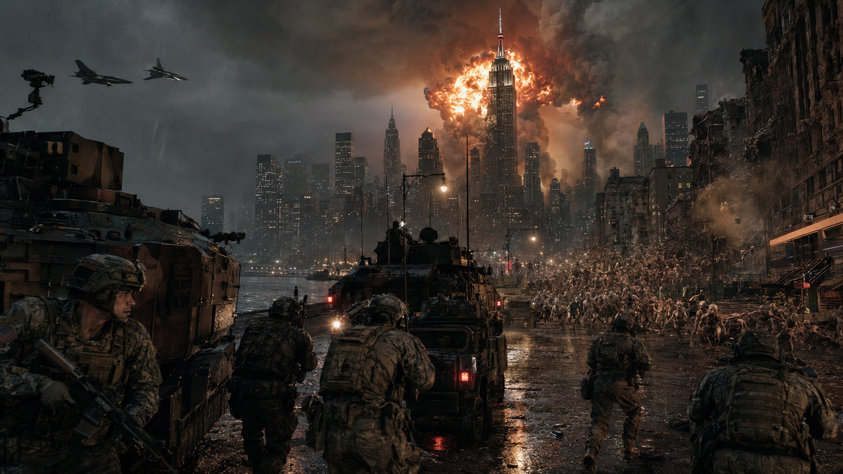 Military forces advancing through a devastated New York City during Operation Liberty