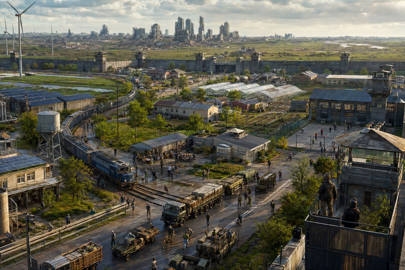 Aerial view of a rebuilt outpost system supporting farms, housing, and transport