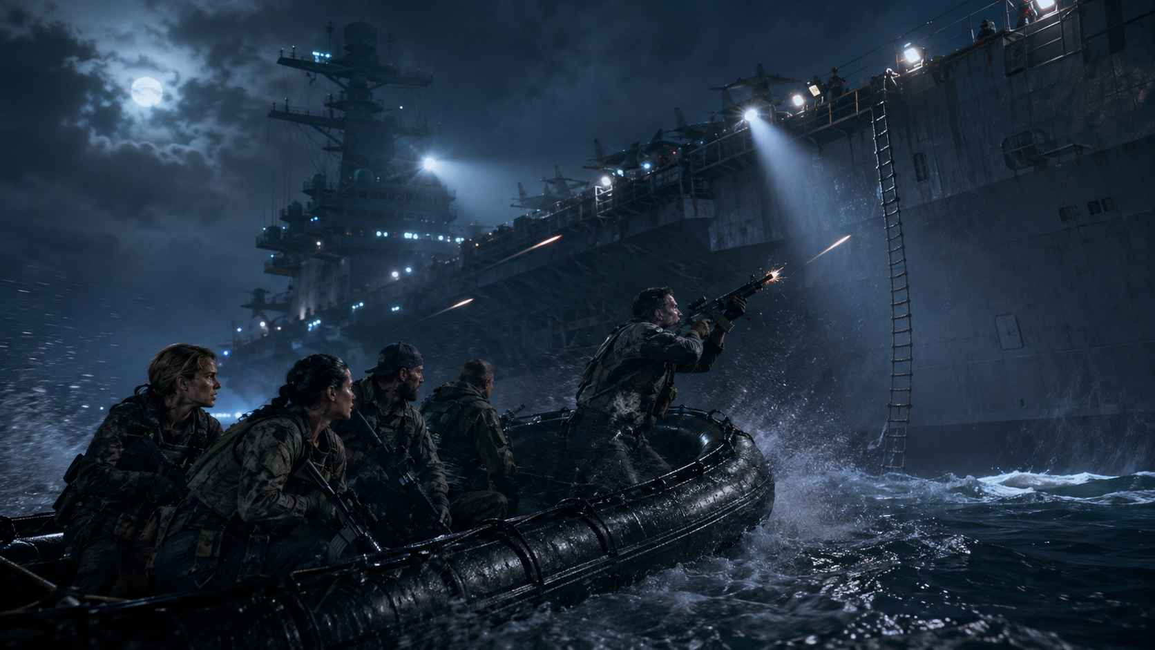 A ROT infiltration team approaching the USS George Washington by rigid-hull inflatable boat at night