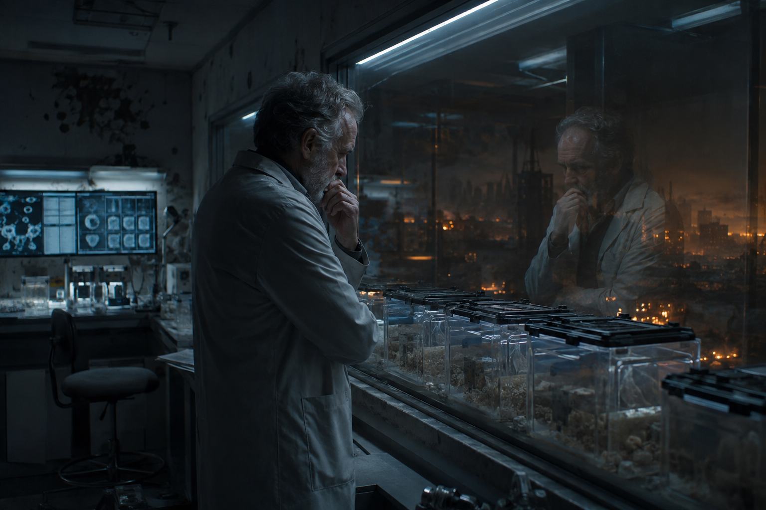 Scientists confronting the consequences of biological research in a dark laboratory
