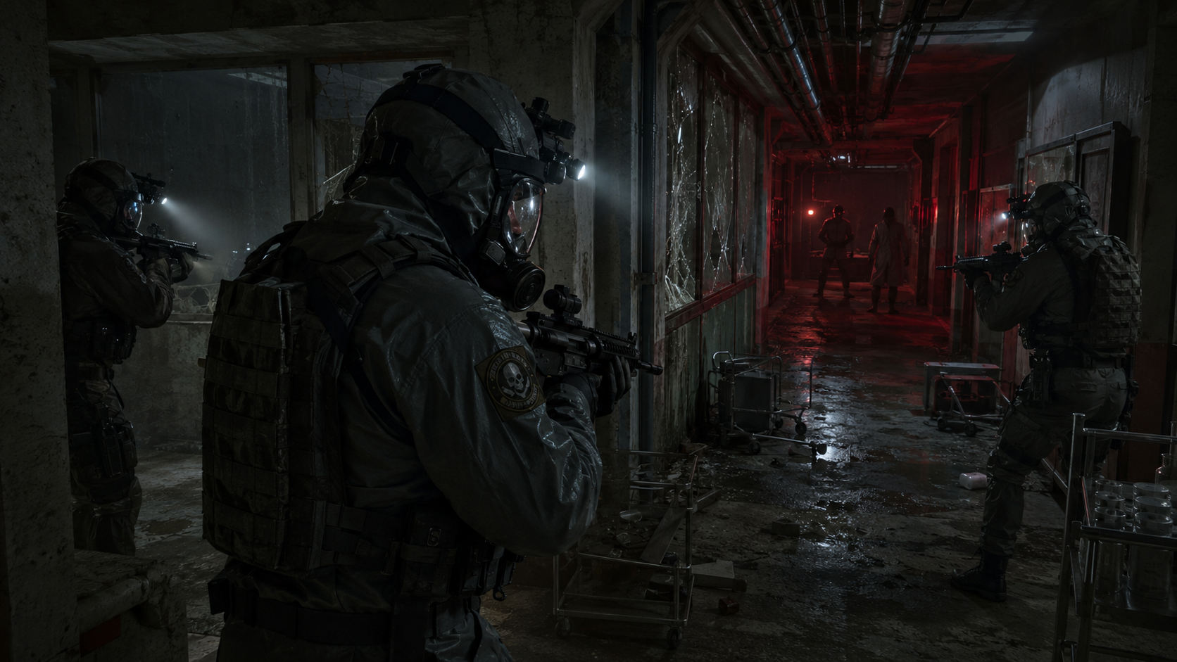Team Ghost entering the dark laboratory corridors of Building 8 during the opening raid