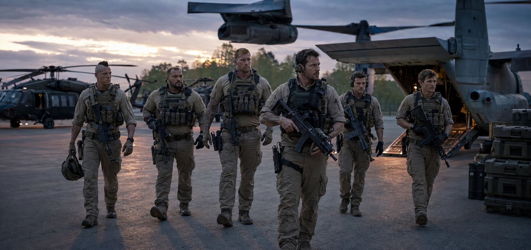 Six Team Ghost operators crossing an airfield between military helicopters and a tiltrotor aircraft