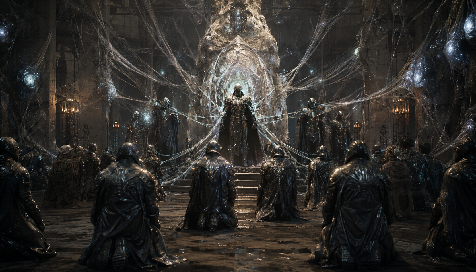 Variant followers gathered around a webbed shrine representing their religious ideology